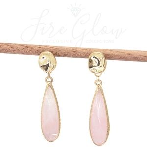 Long Teardrop Rose Quartz Earrings Hammered Metal